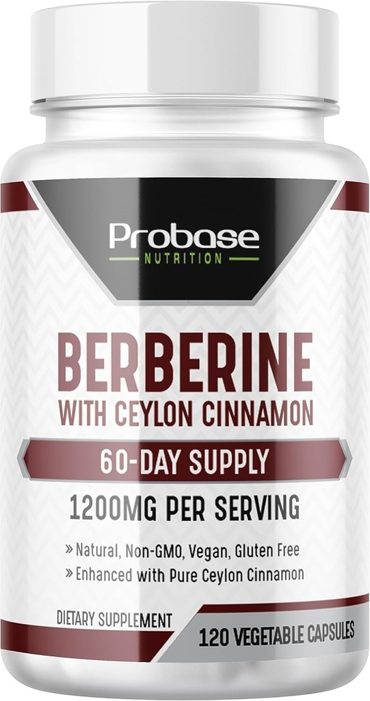 Probase Nutrition Berberine with Cinnamon Extract - Gluten Free and Vegan - 120 Capsules - 1200mg per Serving