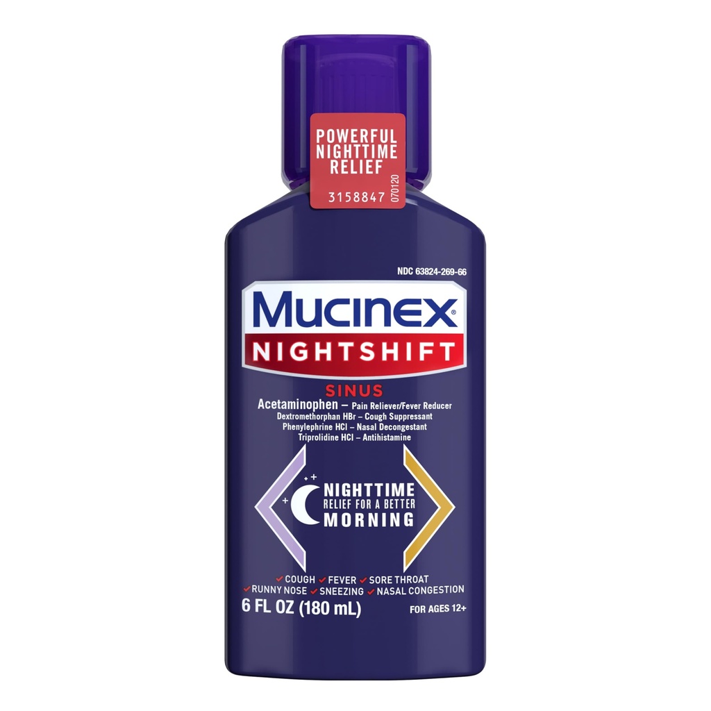 Mucinex Nightshift Sinus, Cold And Flu Cough Medicine For Adults, Powerful Nighttime Sinus Medicine For Sinus Relief, Sore Throat Relief, Cough Suppressant & Nasal Decongestant For Adults, 6 Fl Oz