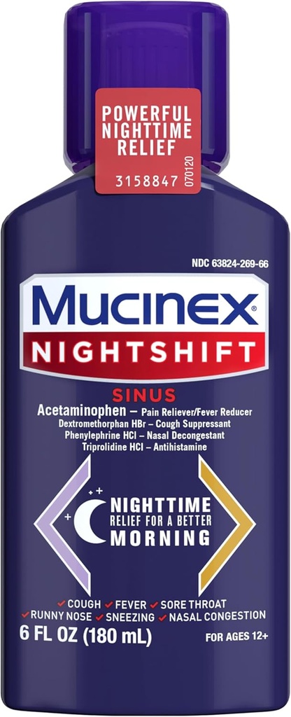 Mucinex Nightshift Sinus, Cold And Flu Cough Medicine For Adults, Powerful Nighttime Sinus Medicine For Sinus Relief, Sore Throat Relief, Cough Suppressant & Nasal Decongestant Para Adultos, 6 Fl Oz