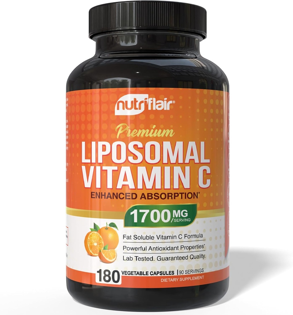 NutriFlair Liposomal Vitamina C 1700mg, 180 Capsules - Alta Absorción, Fat Soluble VIT C, Bioavailability Immune System Support & Collagen Booster, Non-GMO, Vegan Pills