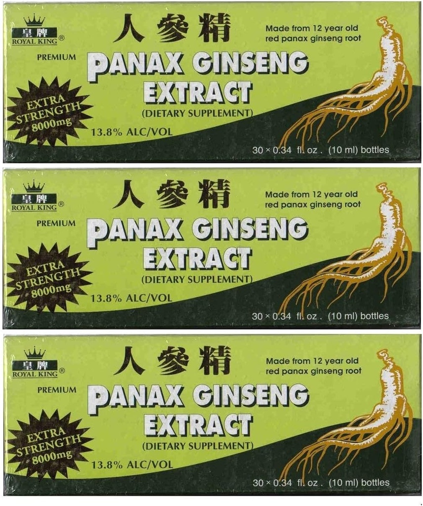 Rey Real Panax Ginseng Extracto con alcohol 8000 mg 30 Vial (3 Cajas)