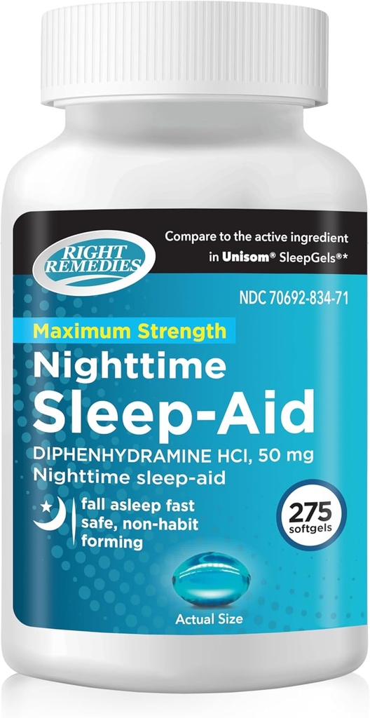 Ayuda para dormir de noche Softgels, (275 softgels), Diphenhydramine HCI 50 mg, Fall Asleep Fast, soporta sueño más profundo, descanso