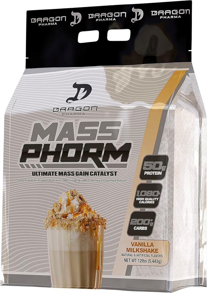 DRAGON PHARMA Mass Phorm, Ultimate Mass Gain Catalyst, 50g Protein Matrix, 200g de Carbohidratos Complejos, Más de 1,000 Calories Por Serving (20 Servings, Vanilla Milkshake)