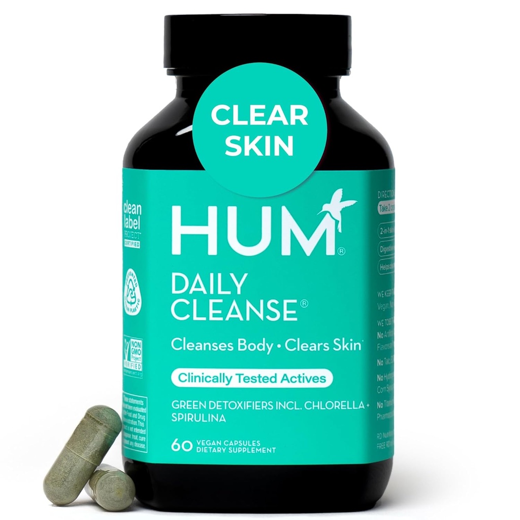 HUM Daily Cleanse Acne Supplements for Women & Men, Gentle Digestive Cleanse for Clear Skin Support, Zinc, Spirulina, Chlorella, Detoxifying Herbs, Organic Algae, Skin Vitamins Supplement, 60 Capsules