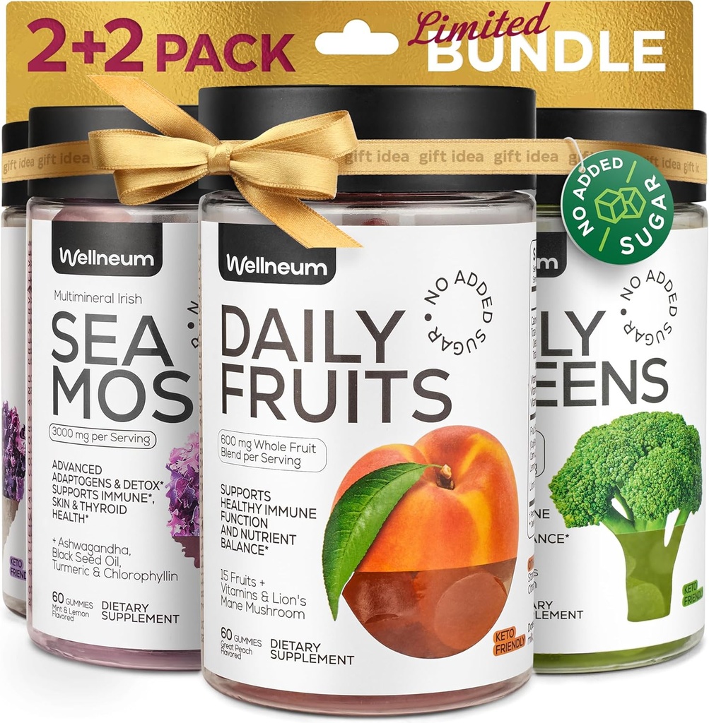 Super Fruit Super Greens and Sea Moss Gummies Bundle - Fruits Blend, Greens Blend, Irish Sea Moss, Bladderwrack - Detox, Nutrient Balance, Immunity Support, Thyriod Health - for Hombre and Women