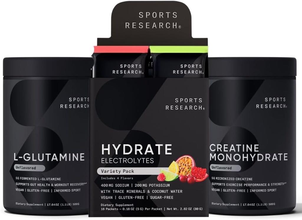 Sports Research L-Glutamine (1.1 lbs), Sugar-Free Naturally Flavored Hydrate Electrolytes 16x Variety Packets and Creatine Monohydrate (1.1 lbs)