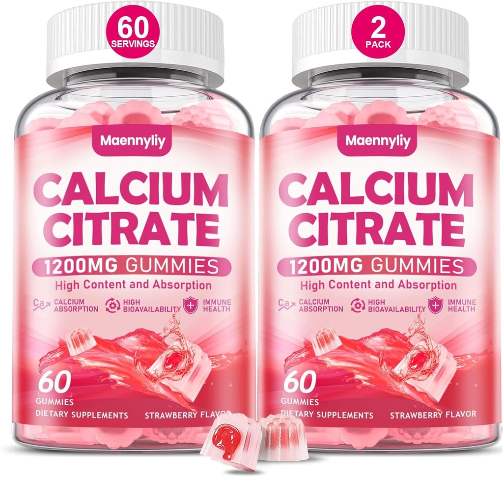 Calcium Citrate Gummies 1200 mg para adultos: Ultimate Absorption Suplemento de calcio para hombres y mujeres - Fácil de digerir, Vegan, No GMO, Gluten Gratis - Natural Strawberry Flavor