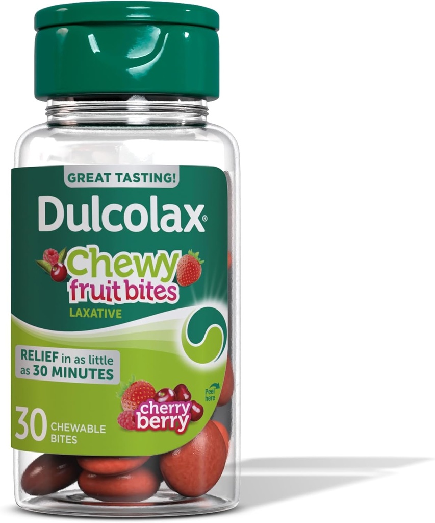 Dulcolax Saline Laxative Chewy Fruit Bites, Fast-Acting Laxative & Gentle Constipation Relief, Cherry Berry Flavor, Magnesium Hydroxide 600 mg, 30 Count
