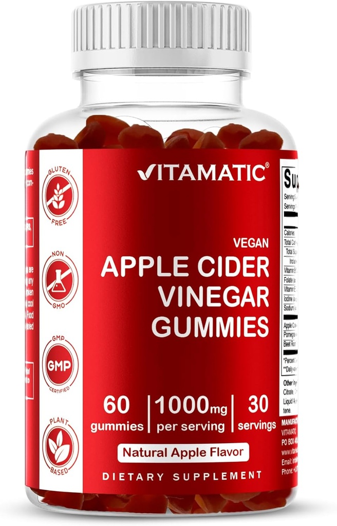 Vitamatic Apple Cider Vinegar Gummies - 1000mg por Serving - 60 Gummies Vegan - ACV Gummies for Detox, Weight Loss Support, Energy Boost, Digestion &amp; Gut Health