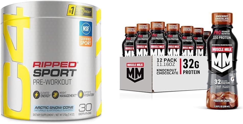 C4 Ripped Sport Pre Workout Powder Arctic Snow Cone & Muscle Milk Pro Advanced Nutrition Protein Shake, Knockout Chocolate, 11.16 Fl Oz (Pack of 12)