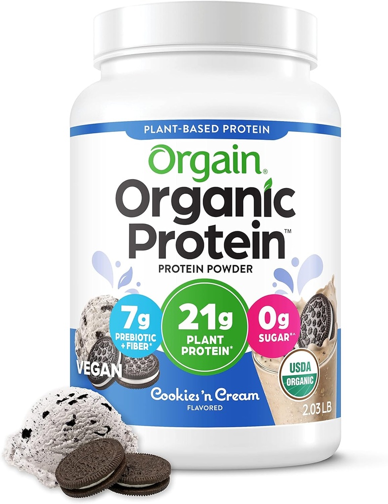 Orgain Orgain Pólvora de proteínas orgánicas, Cookies " Crema - 21g Proteína de base vegetal, fibra prebiótica de 7g, carbohidratos de baja red, sin ingredientes de lactosa, sin azúcar añadido, no fumador, para sacudidas " , 2,03 lb