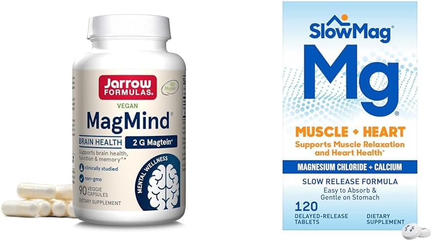 Jarrow Formulas MagMind Brain Health with Magtein (Magnesium L-Threonate) & SlowMag Muscle + Heart Magnesium Chloride with Calcium Supplement