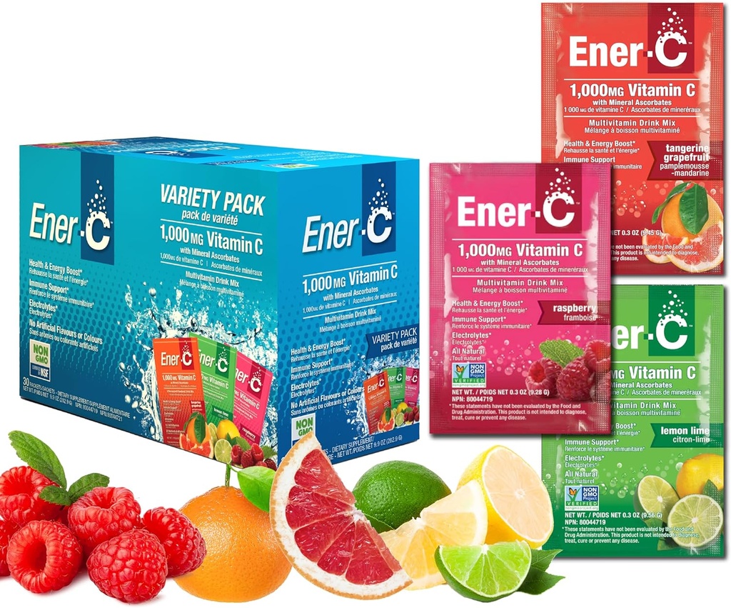 Ener-C Variety Pack Multivitamin Drink Mix Powder Vitamin C 1000mg &amp; Electrolytes with Real Fruit Juice Natural Energy &amp; Immune Support for Women &amp; Men - Non-GMO Vegan & Gluten Free - 30 Count