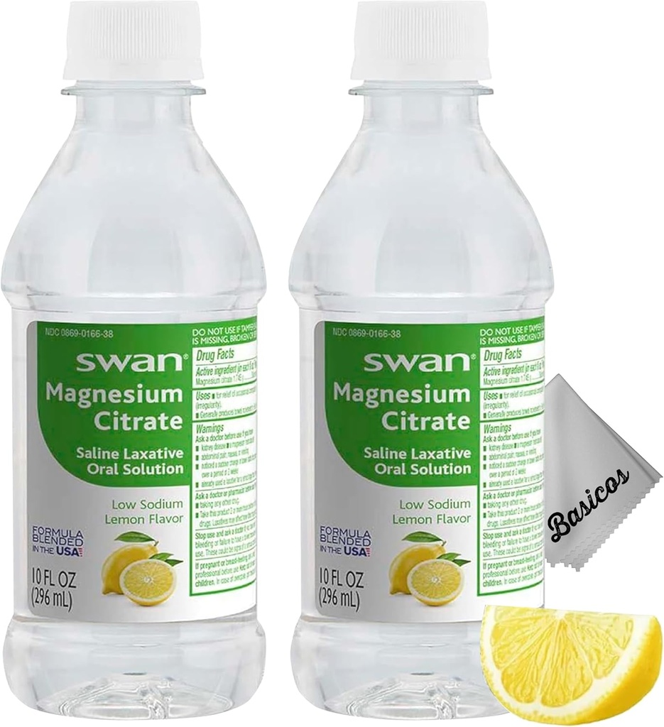 BASICOS 2Pack Swan Lemon Magnesium Citrate Oral Solución 10 oz- Suplemento laxante para el alivio del estreñimiento, regularidad - Bono Microfibra Cloth