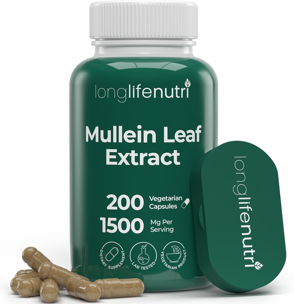 LongLifeNutri Mullein Leaf 1500mg 10:1 Extracto - 200 cápsulas vegetarianas, de pólvora orgánica Mullein, Suplemento herbal para atención respiratoria, suministro de 2 meses, no GMO, certificado GMP, hecho en EE.UU.