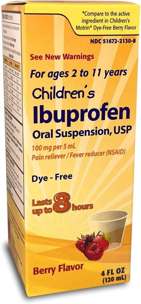 Suspensión Oral Ibuprofeno de Taro 100 mg por 5 mL, 4 Fl Oz, Alimentador de Dolor y Reductor de Fiebre para Edades 2-11 Años, Libre de ojos, Sabor de Berry