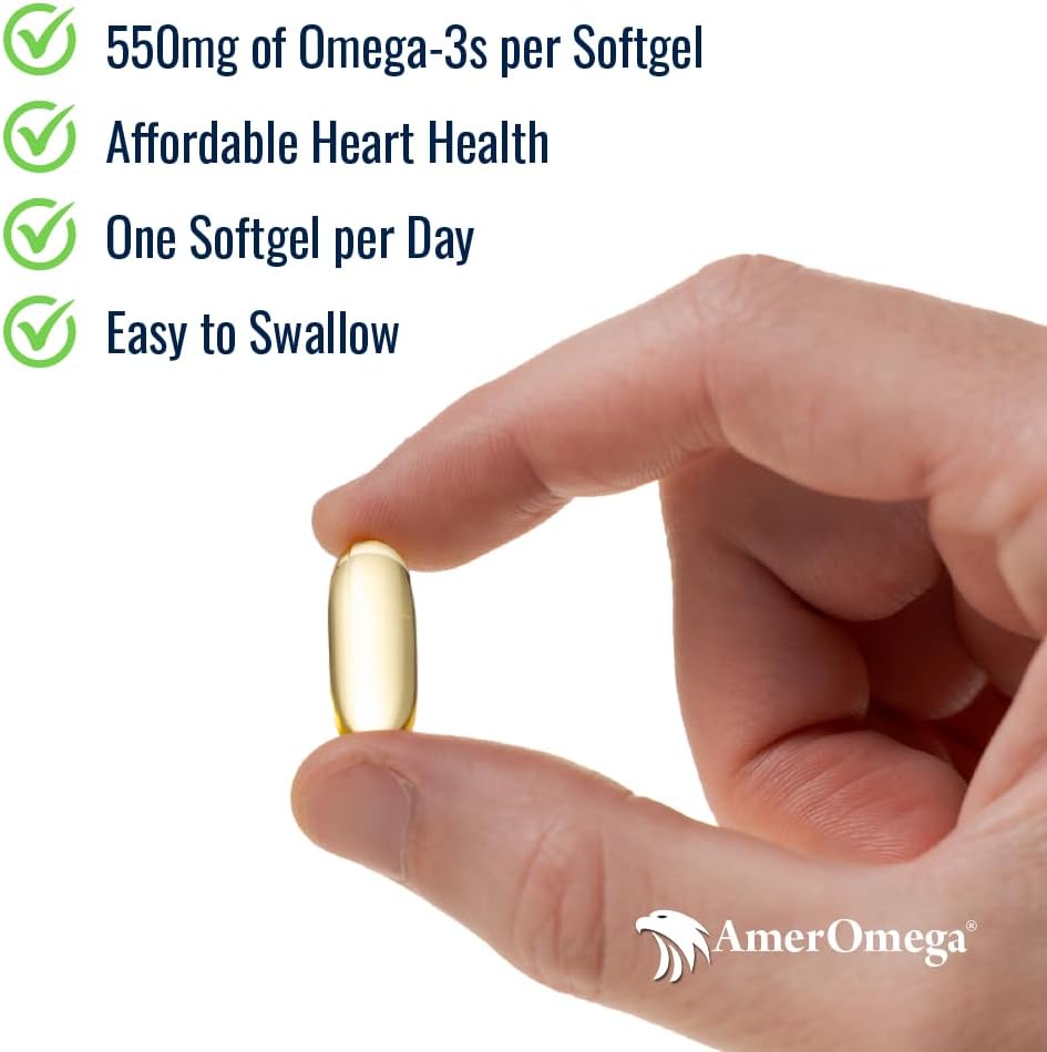 AmerOmega Triglyceride Omega-3 Fish Oil for Heart Health Support - Wild-Caught Alaskan Walleye Pollock - American-Sourced, American-Made - Non-GMO, Gluten-Free &amp; Dairy-Free - 60 Softgels