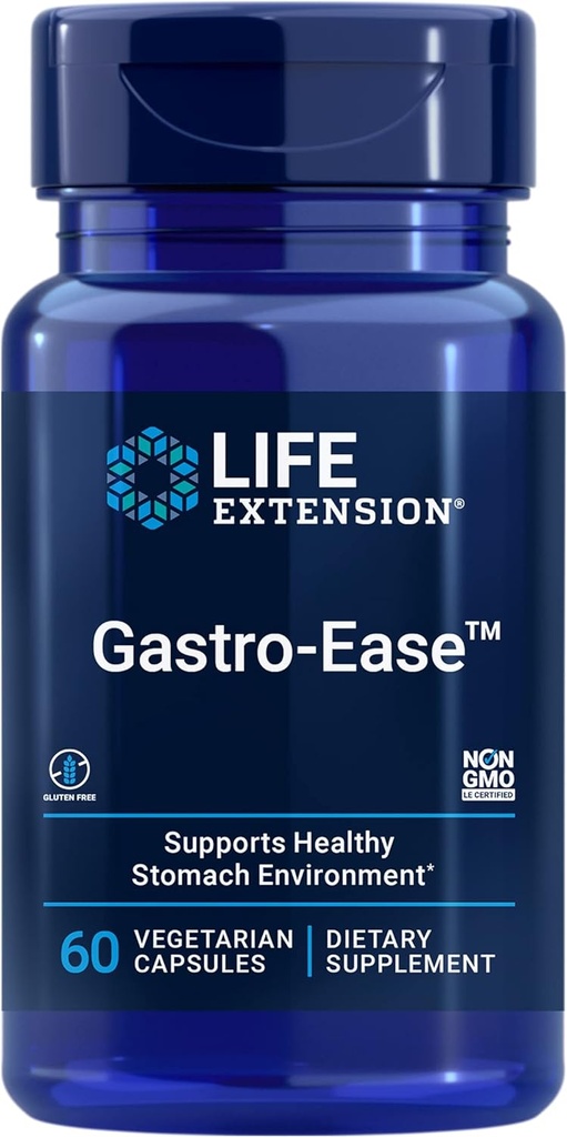 Extensión de vida Gastro-EaseTM, zinc L-carnosina, PylopassTM Lactobacillus reuteri probióticos, Suplemento de digestión, Gut Health, Stomach Comfort, Gluten-Free, Non-GMO, Vegetarian, 60 cápsulas