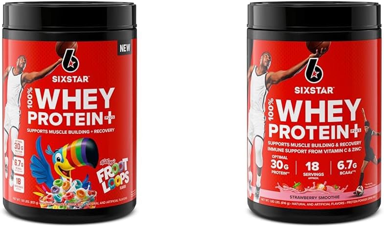 Six Star Whey Protein Powder Froot Loops Flavor & Strawberry Smoothie ← Muscle Building &amp; Recovery Plus Immune Support ← 30g Protein ← Hombres &amp; Mujeres