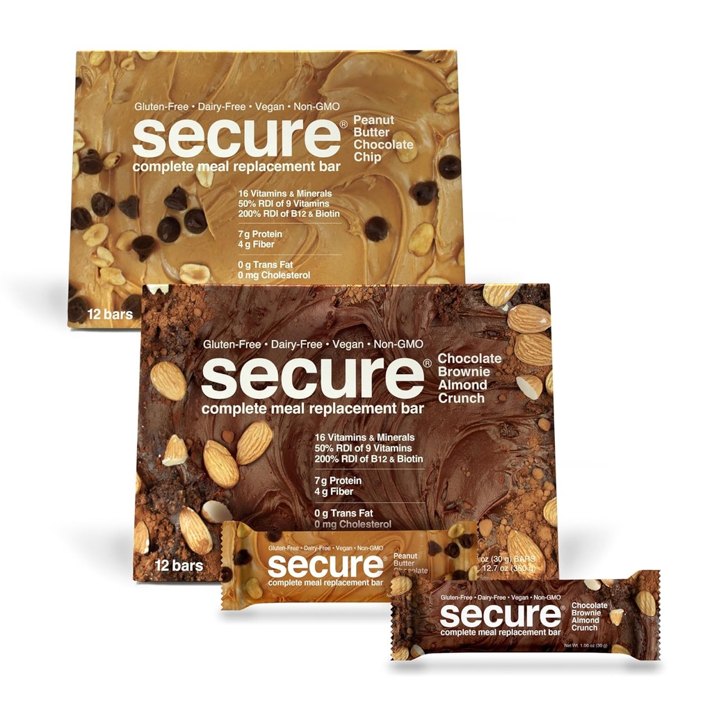 ANDREW LESSMAN Secure Complete Meal Replacement Bars - 7g Vegan Protein Bars. Inulin Fiber. Low Calorie, Gluten and Dairy-Free 24, Variety Pack: Chocolate Brownie and Peanut Butter Chocolate Chip)