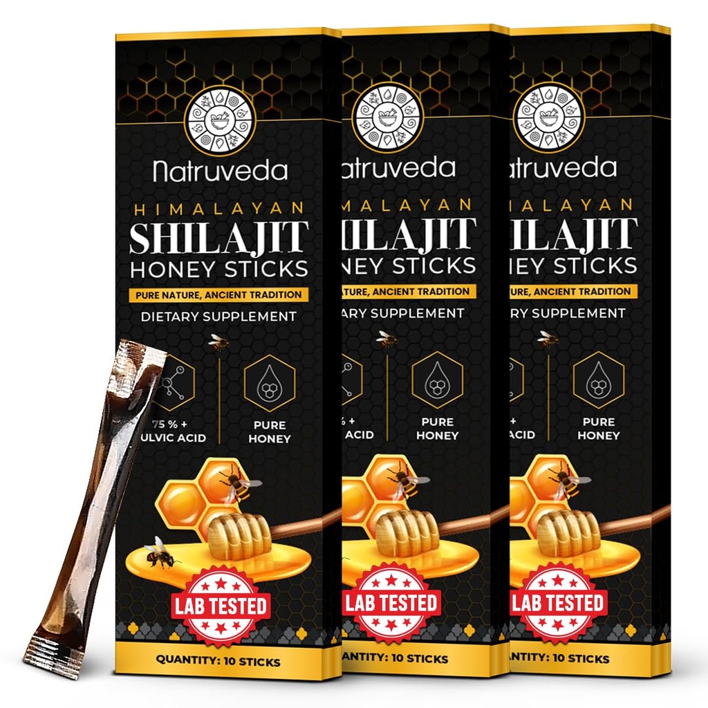 Himalayan Shilajit Honey Sticks for Men &amp; Women - 75%+ Fulvic Acid & Trace Minerals - Raw Honey, Saffron & Himalayan Shilajit Resin - Stamina, Performance & Energy Support - (Pack of 30)
