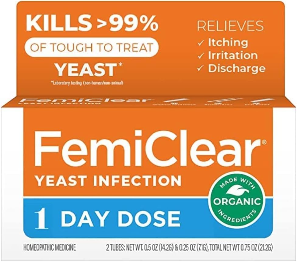 FemiClear 1-Day Dose Yeast Infection ← Yeast Infection Relief ← Solución Homeopática para la Salud Feminina Ungüento de infección de levadura, 1 aplicador y 0,5oz Ungüento