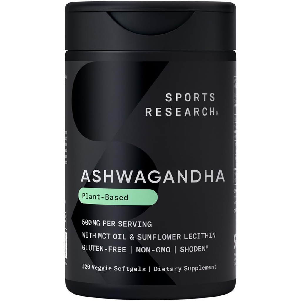Sports Research® Ashwagandha Softgels with Coconut MCT Oil - Natural Ayurvedic Adaptogen Made with Shoden® Ashwa for Relaxation, Calm &amp; Sleep Support - Gluten Free & Vegan Friendly - 120 Count