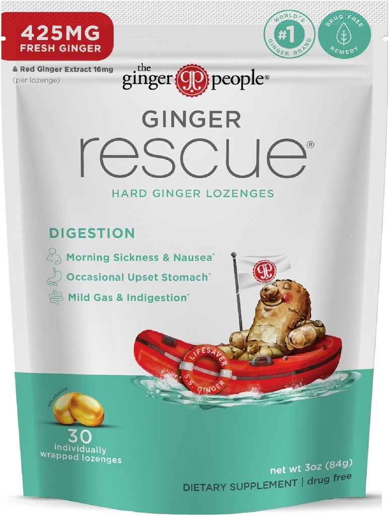 Los Ginger People Ginger Rescue Digestive Wellness Lozenges (Hard) ← Regular Strength - 425mg Silencio por la mañana, Nausea, Upset Stomach, Mild Gas & Indigestion, 30 Conde (Pack of 1)
