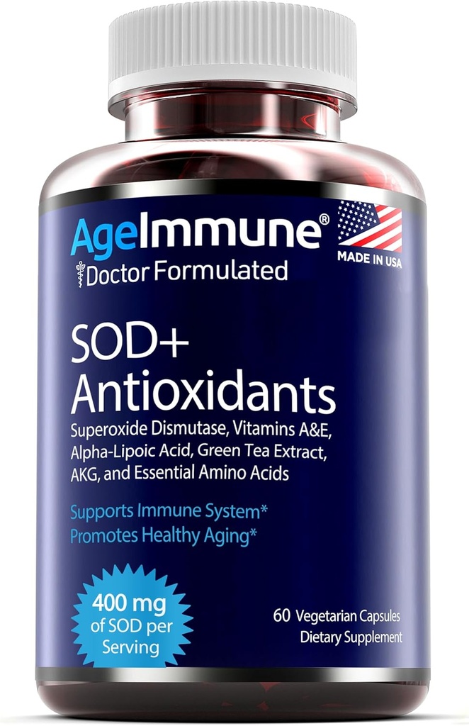Antioxidantes de SOD Complejo Suplemento de envejecimiento saludable - 400 mg de dismutase de superóxido - Ácido lipoico alfa - L-Arginina - Lysina - Vitamina A - Vitamina E para cápsulas Immune Support-60