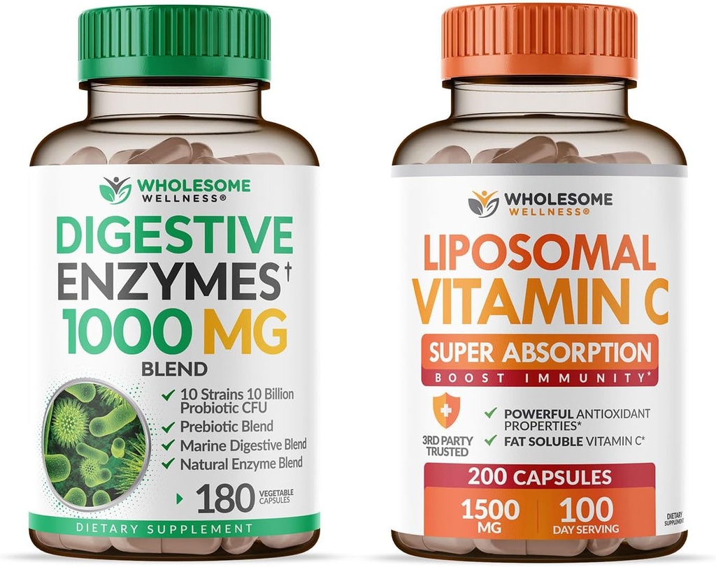 Pleno Wellness Digestive Enzymes 1000MG Plus Prebiotics &amp; Probiotics + Liposomal Vitamina C Capsules (200 pastillas 1500mg Buffered) Bundle