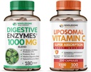 Wholesome Wellness Digestive Enzymes 1000MG Plus Prebiotics & Probiotics + Liposomal Vitamin C Capsules (200 Pills 1500mg Buffered) Bundle