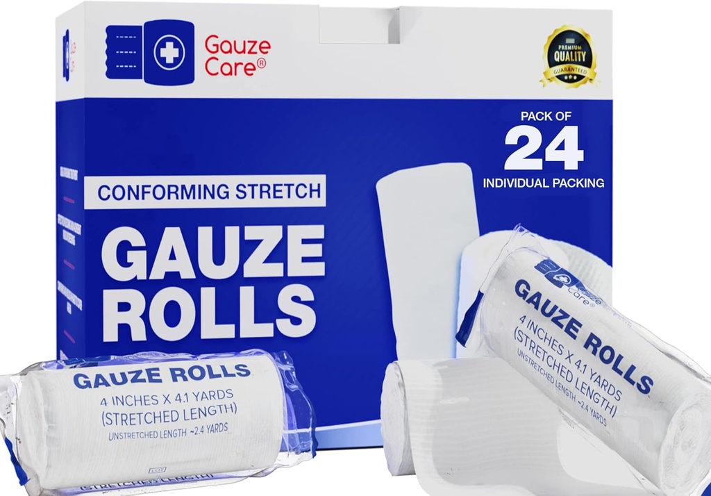 Gauze Rolls Pack de 24 – Premium Quality Lint and Latex-Free 4 pulgadas x 4.1 Yards Conforming Stretch Bandages Designed for Effective Wound Care & Comfort - Ideal para su uso como envoltura de la momia