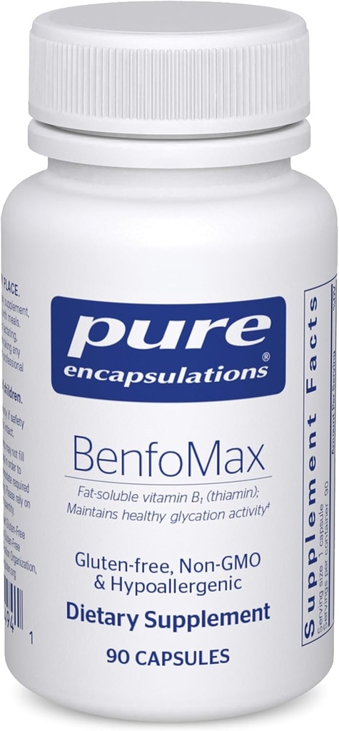 Encapsulaciones puras BenfoMax 90's - 200 mg Benfotiamine - Vitamina B1 Thiamin Suplemento - Apoya Corazón & Metabolismo Salud - Vegan & No GMO - 90 cápsulas