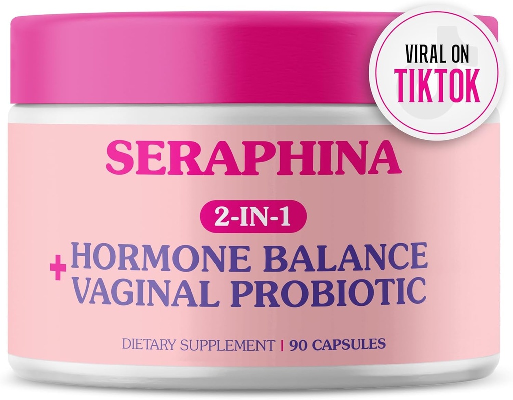 Seraphina Vaginal Probióticos 2-en-1 para Mujeres + Equilibrio hormonal - 90 cápsulas Cuidado Femenino completo, PMS & Urinary Tract Health, Prebiotic Blend, 10 billion CFU, 6 Strains (90 Cuenta (Pack of 1))