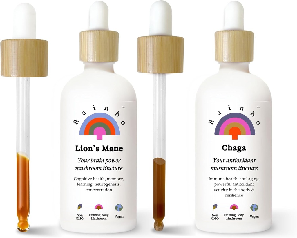 Rainbo Mushroom Bundle, Lion's Mane Mushroom Extracto + Chaga Mushroom Tintura, Doble Extracto Diaria de Mushroom Tinturas para el soporte integral de inmunológico, Vegan Liquid Mushroom Suplementos