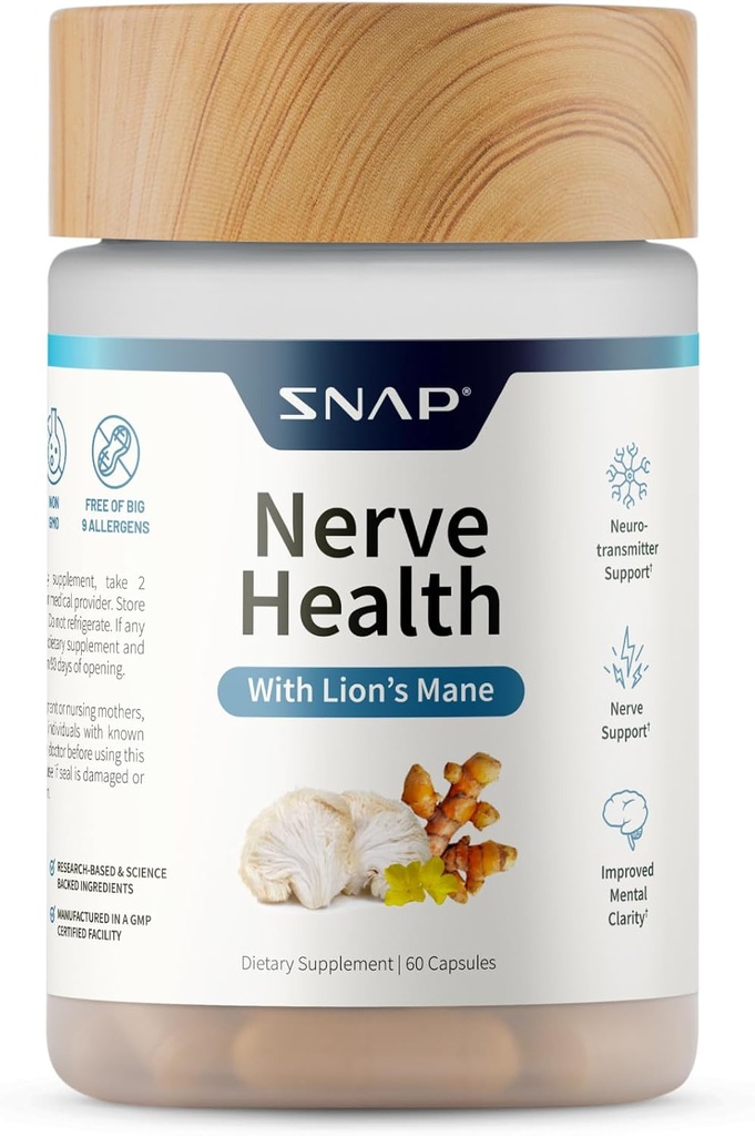 Snap Supplements Nerve Health Support with Lion’s Mane, Organic Turmeric & Herbs – Supports Mental Clarity, Memory, Focus &amp; Nerve Function – 60 cápsulas