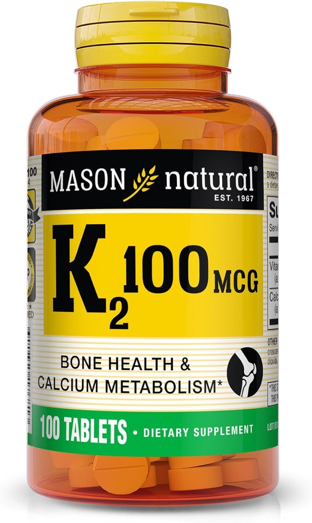 MASON NATURAL Vitamina K2 100 mcg con Calcio, Soportes Hueso, Corazón &amp; Muscle Health, 100 Tablets