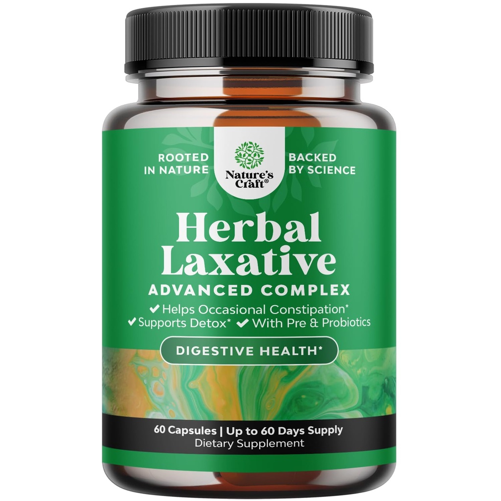 Herbal Laxative Capsules with Probiotics – Natural Laxatives for Constipation with Senna Leaf, Psyllium, Aloe Vera – Colon Cleanse for Women & Men - Detox for Gut Health & Weight Management – 60 Count