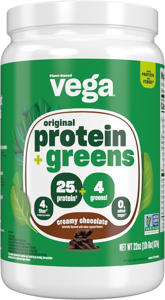 Vega Protein y Verdes Protein Powder, Chocolate - 20g Planta Basada Protein Plus Veggies, Vegan, No GMO, Pea Protein para Mujeres y Hombres, 1.3 libras