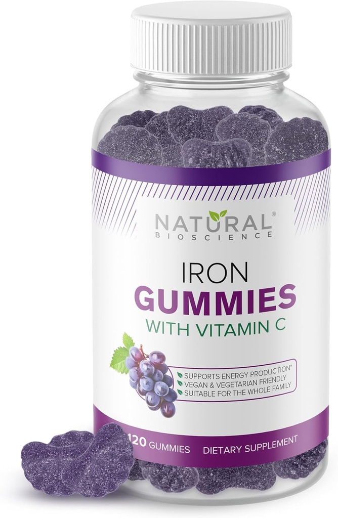 Gummies de hierro con vitamina C - Suplemento de anemia por deficiencia de hierro para adultos " niños " , Chewable, Red Blood Cell Support, Energy, Immune Function, Brain Health, Max Absorption, 120 Vegan Gummies