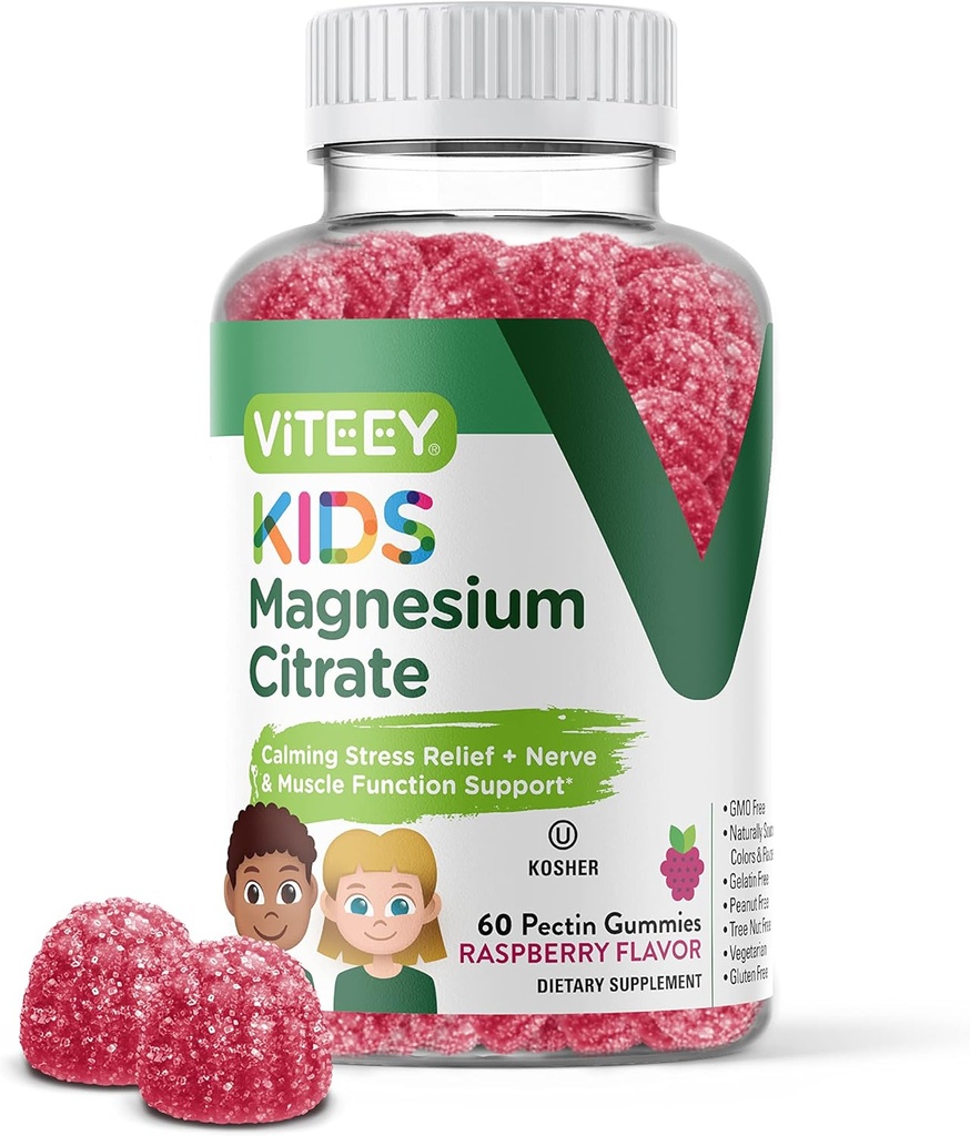 Viteey Kids Magnesium Citrate Gummies - Supports Sleep Aid, Calm Gummies, Muscle Relaxer, Optimal Relaxation - Vegetarian, Gelatin Gratis, Gluten Gratis, GMO Gratis - Tasty Chewable Raspberry Flavored Gummy
