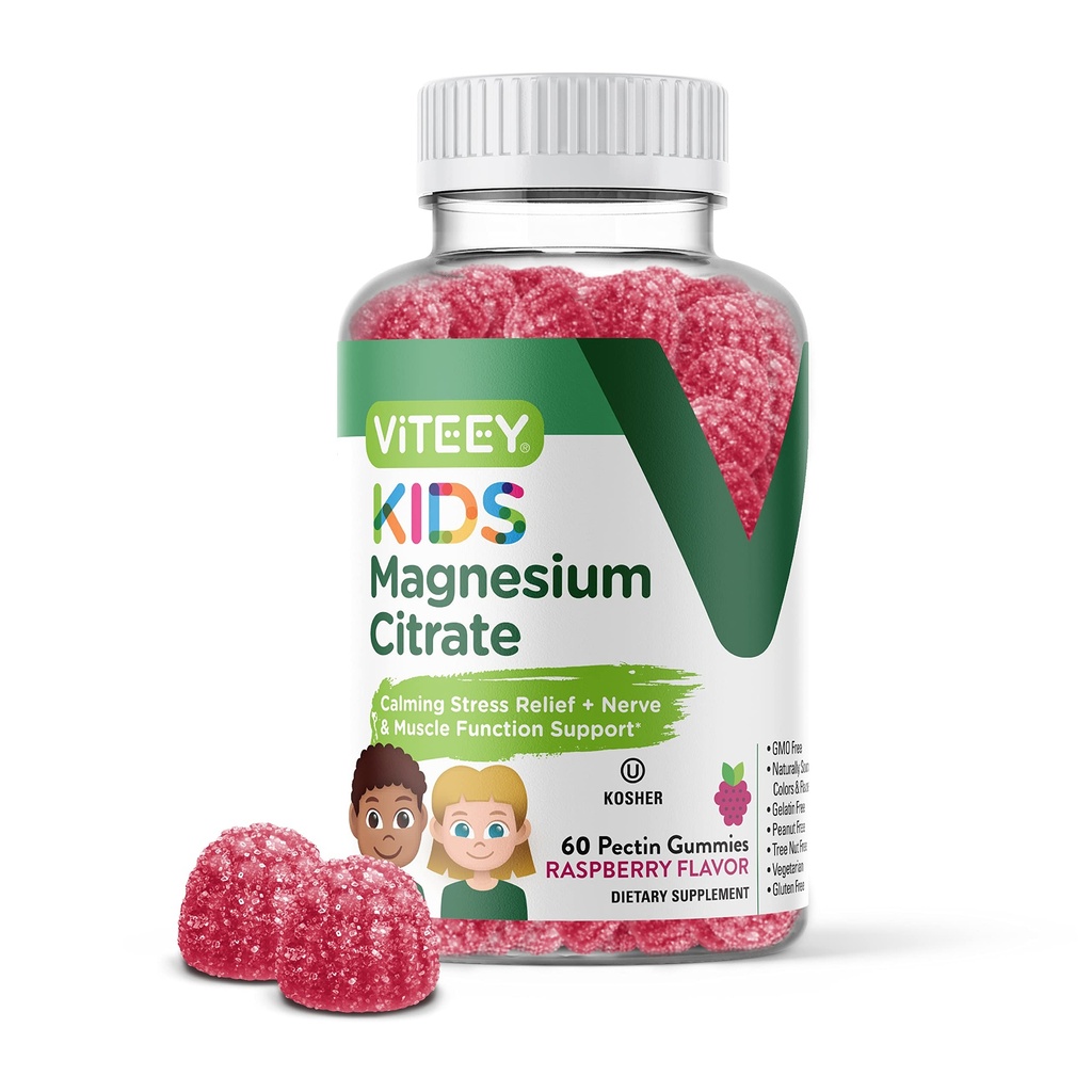 Viteey Kids Magnesium Citrate Gummies - Supports Sleep Aid, Calm Gummies, Muscle Relaxer, Optimal Relaxation - Vegetarian, Gelatin Gratis, Gluten Gratis, GMO Gratis - Tasty Chewable Raspberry Flavored Gummy