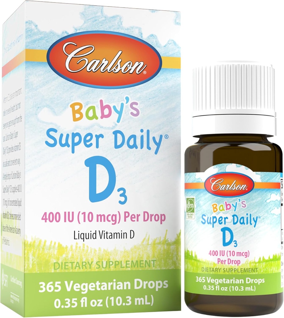 Carlson - Baby's Super Daily D3, Baby Vitamin D Drops, 400 UI (10 mcg) por gota, 1-Año de suministro, Vegetariano, Vitamina Líquida D para bebés y niños pequeños, Desflavorado, 365 gotas