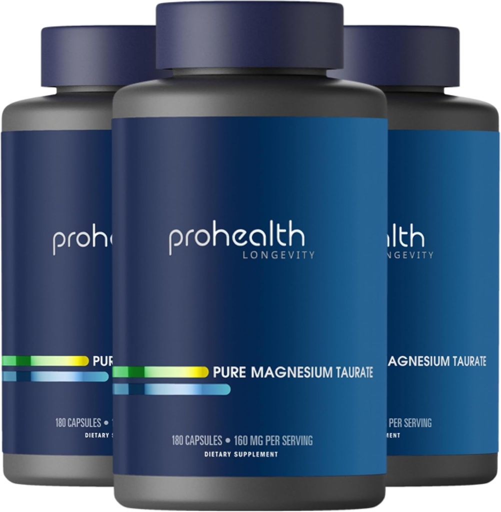 ProHealth Pure Magnesium Taurate, 160mg per Serving | Optimal Bioavailability Supplement for Healthy Aging | Supports Brain, Heart, and Muscle Health | Third-Party Tested | 180 Capsules (3 Pack)