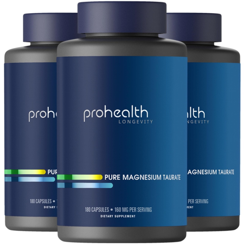 ProHealth Pure Magnesium Taurate, 160mg per Serving ← Optimal Bioavailability Supplement for Healthy Aging ¦ Apoya Cerebro, Corazón y Muscle Health ← Tested tención 180 Capsules (3 Pack)