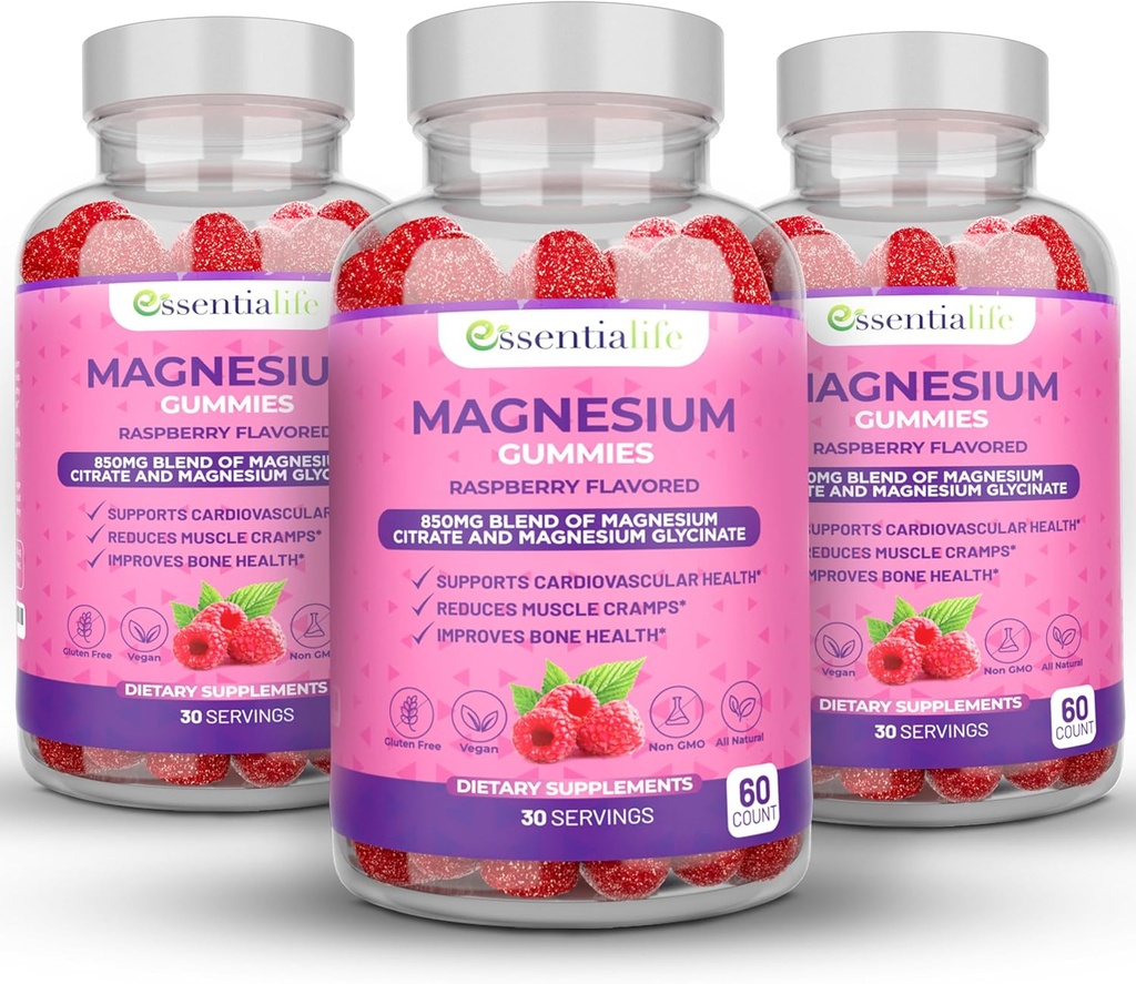 Magnesium Gummies 3 Packs Essentialife 100mg Por Serving - Blend of Magnesium Citrate &amp; Magnesium Glycinate - Supports Digestion - Stay Calm & Wake Up Energized with Magnesium Supplements for Sleep