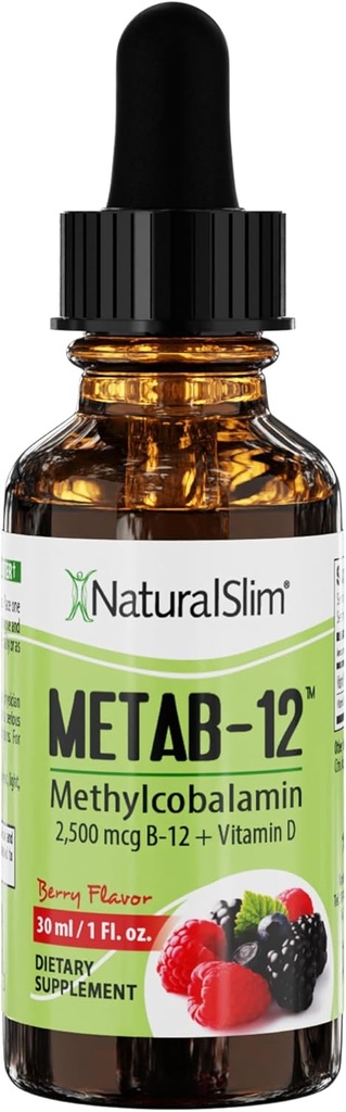 NaturalSlim Liquid B12 Vitaminas con Vitamina D - Metab-12 Metilcobalamina 2500 mcg B12 Sublingual gotas para el metabolismo, energía, &amp; soporte inmunológico - Berry Flavor 1 fl oz