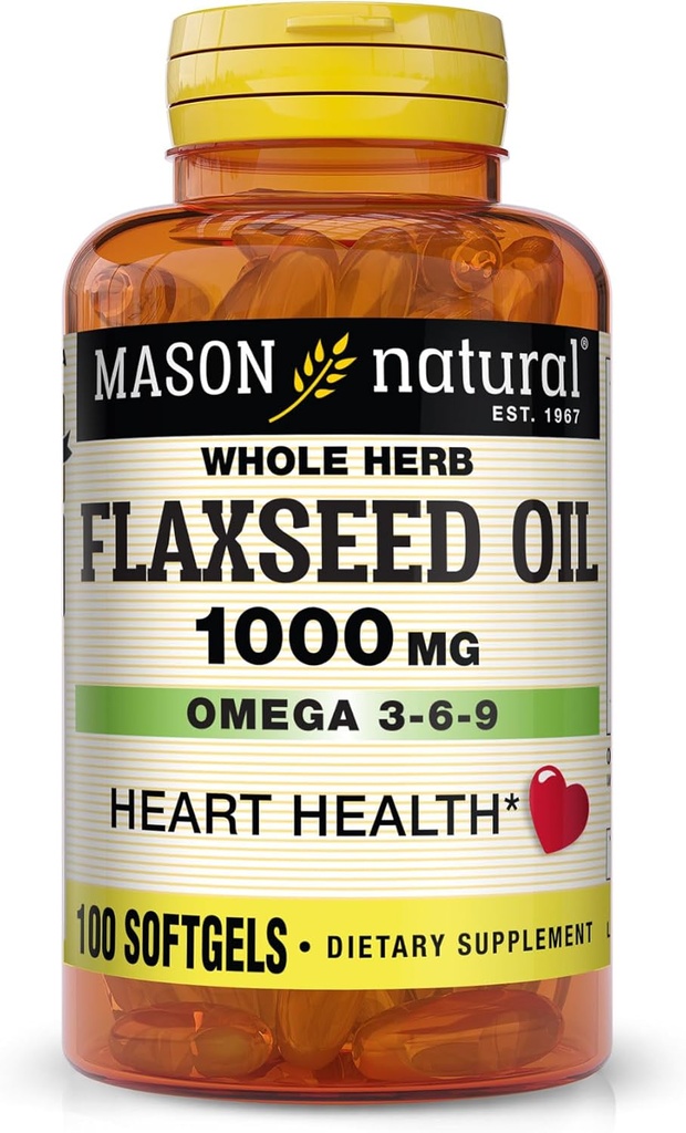 MASON NATURAL Flaxseed Oil 1000mg – Omega 3-6-9 Softgels for Heart Health – Cold-Presed Whole Herb Supplement – Gluten-Free, Non-GMO, 100 Softgels