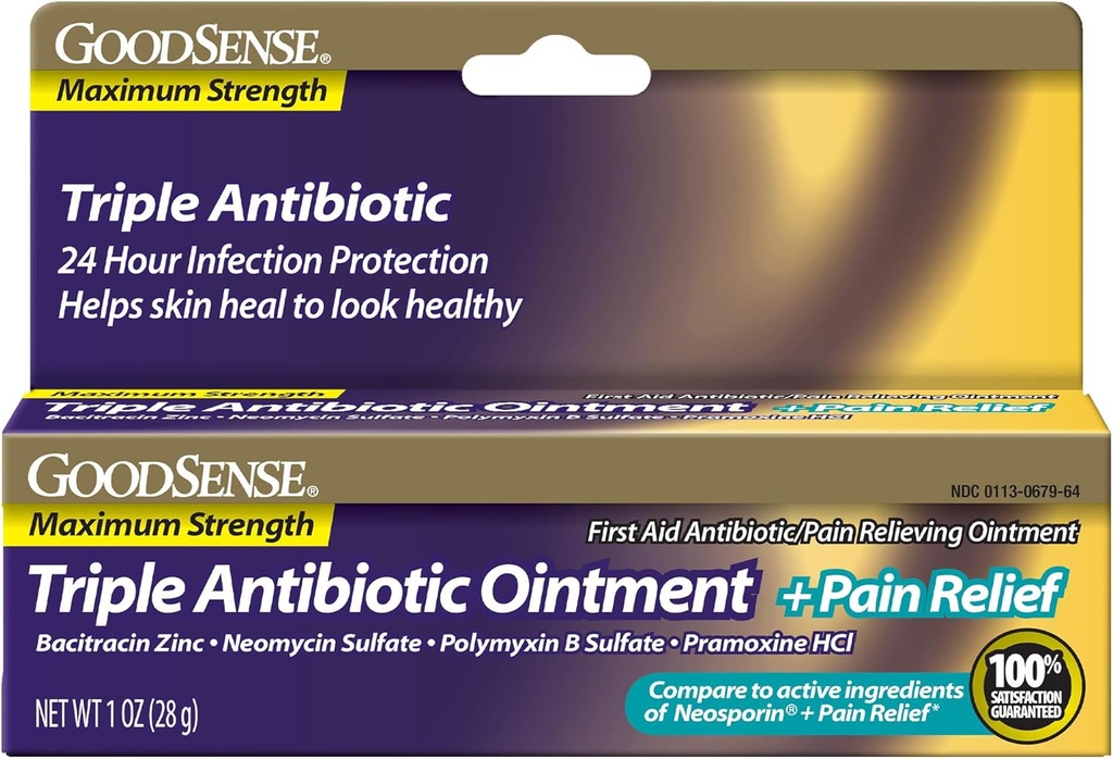 GoodSense Maximum Strength Triple Antibiotic Ointment plus Pain Relief - Soothes Doinful Cuts, Scrapes and Burns, Prevents Infection, First Aid Antibiotic, External Analgesic, 1 oz