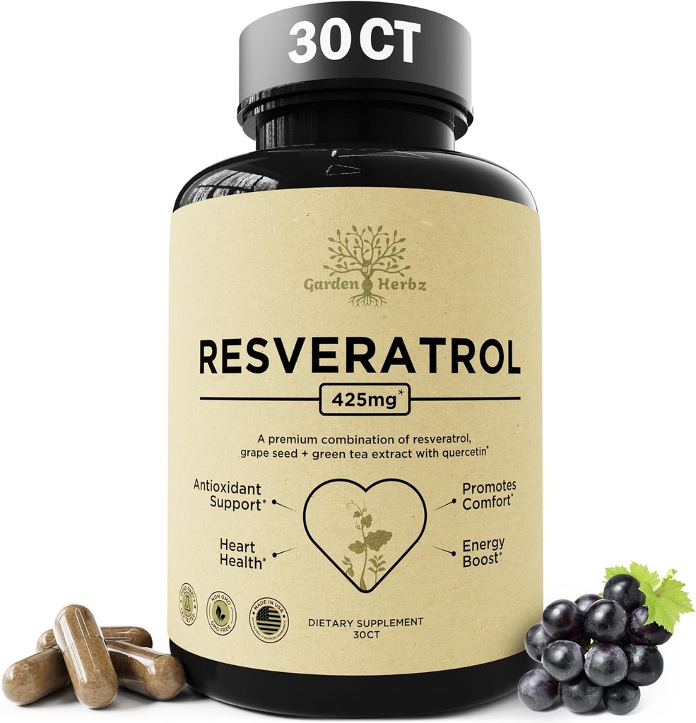 Quercetina &amp; Resveratrol Suplemento con semillas de uva - 425mg Herbal Antioxidante " Wellness Support – Polyphenols " Nutrient Blend for General Health, 30Ct
